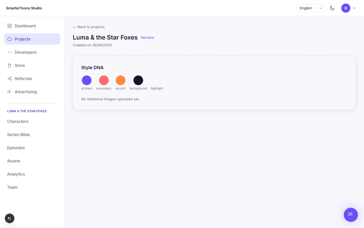 A project detail page showing the universe's name and its Style DNA palette of five colors.