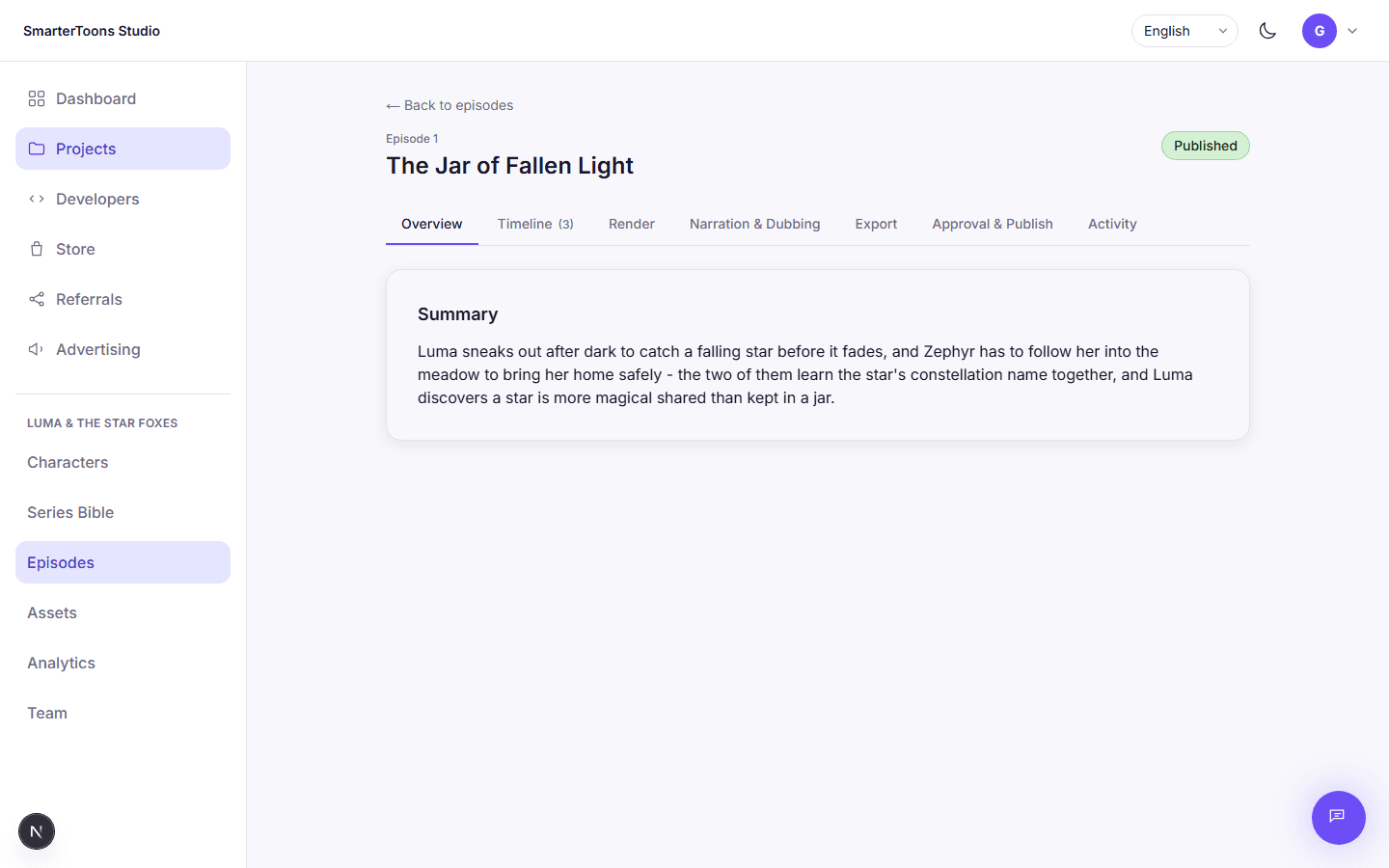 An episode overview page showing its title, summary, and generation status.