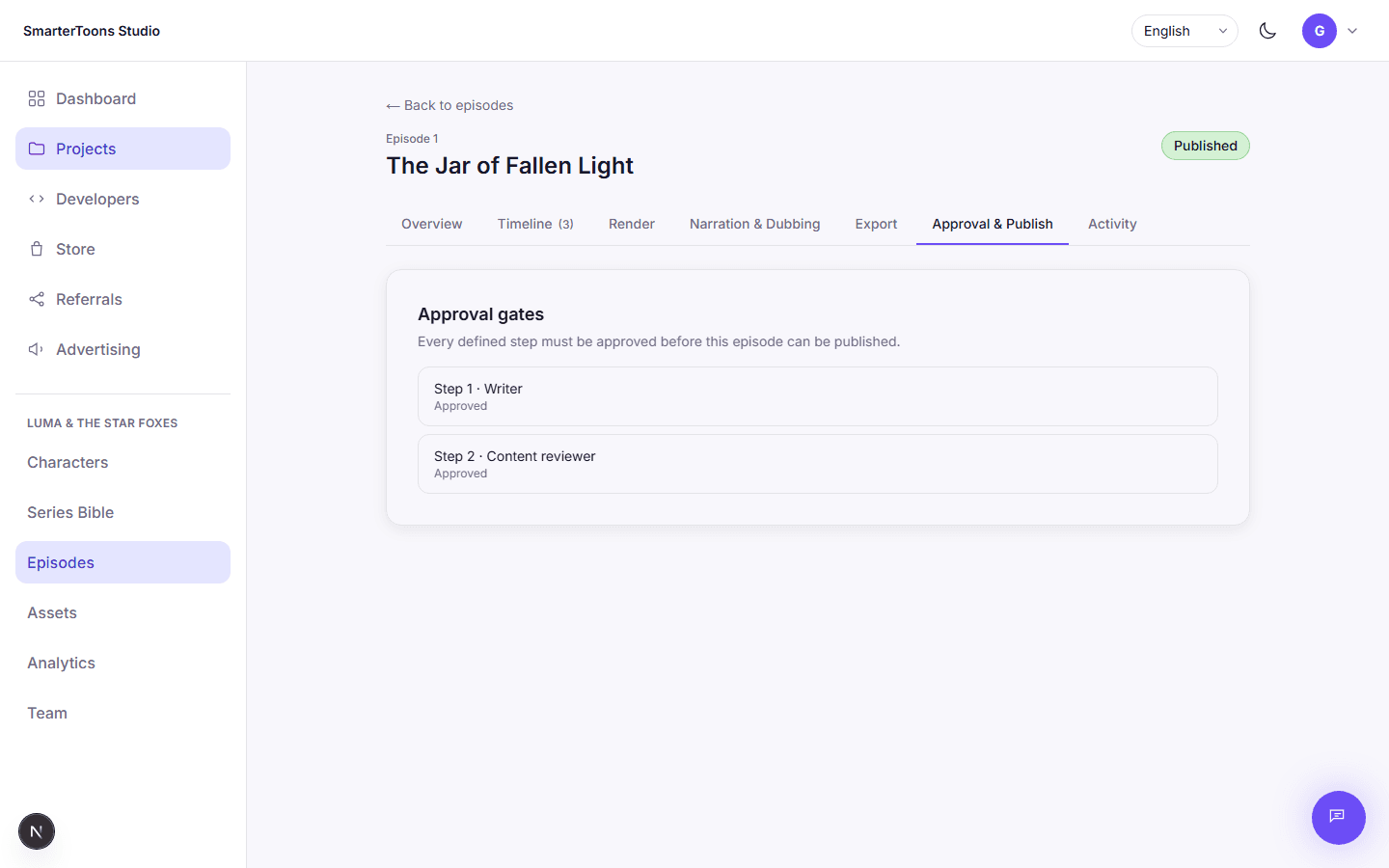 The approval tab of an episode, showing two approval steps both marked approved.