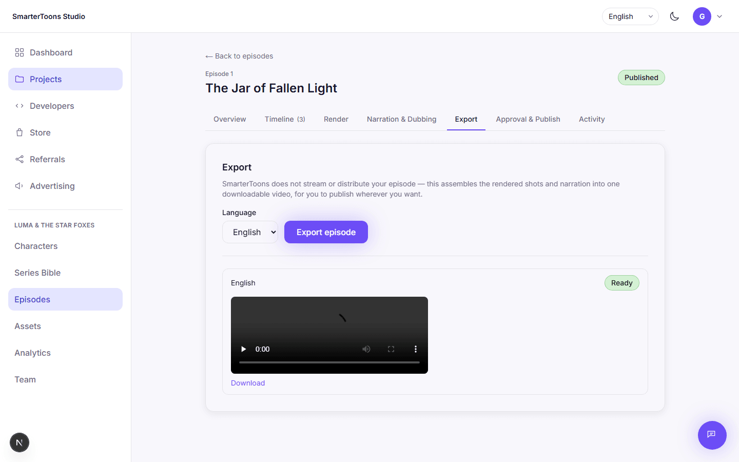The export tab of an episode, showing a completed export ready to download.