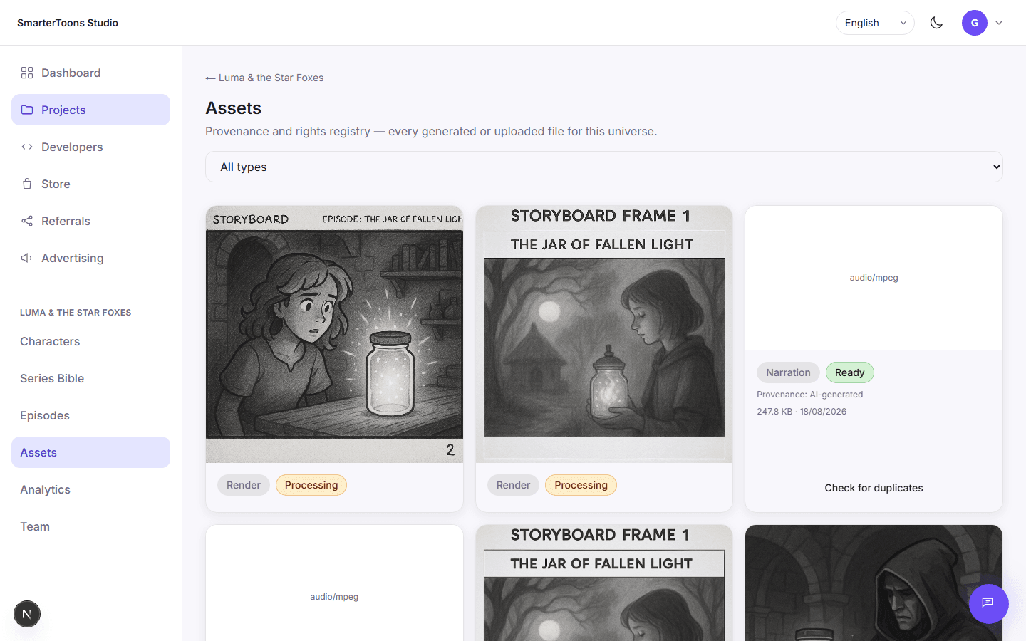 The assets page listing generated reference, storyboard, render, and narration files with their provenance.