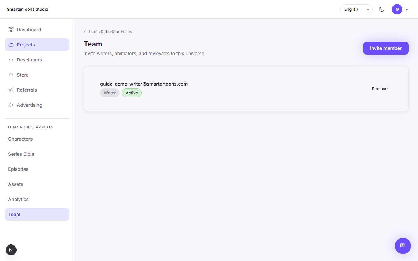 A universe's team page showing an active member with the writer role.