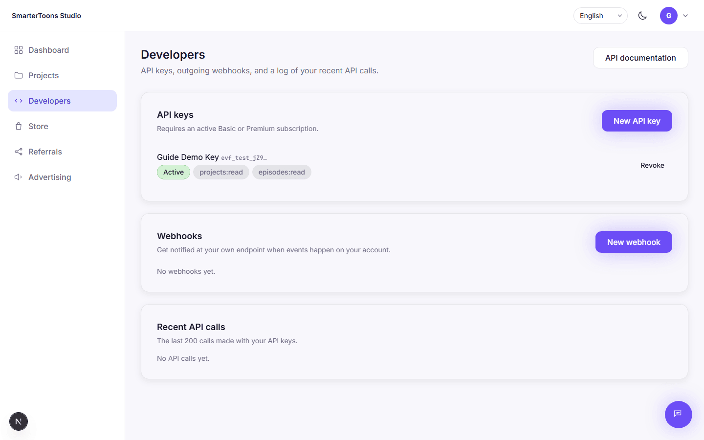 The developer page showing an API key with its scopes, and a log of recent API calls.