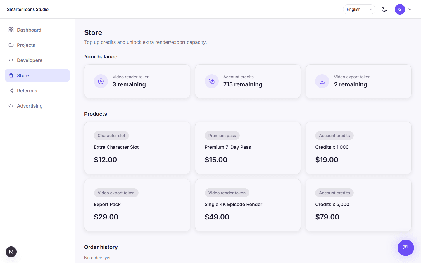 The store page listing one-off products: credits, a premium pass, a render token, and a character slot.
