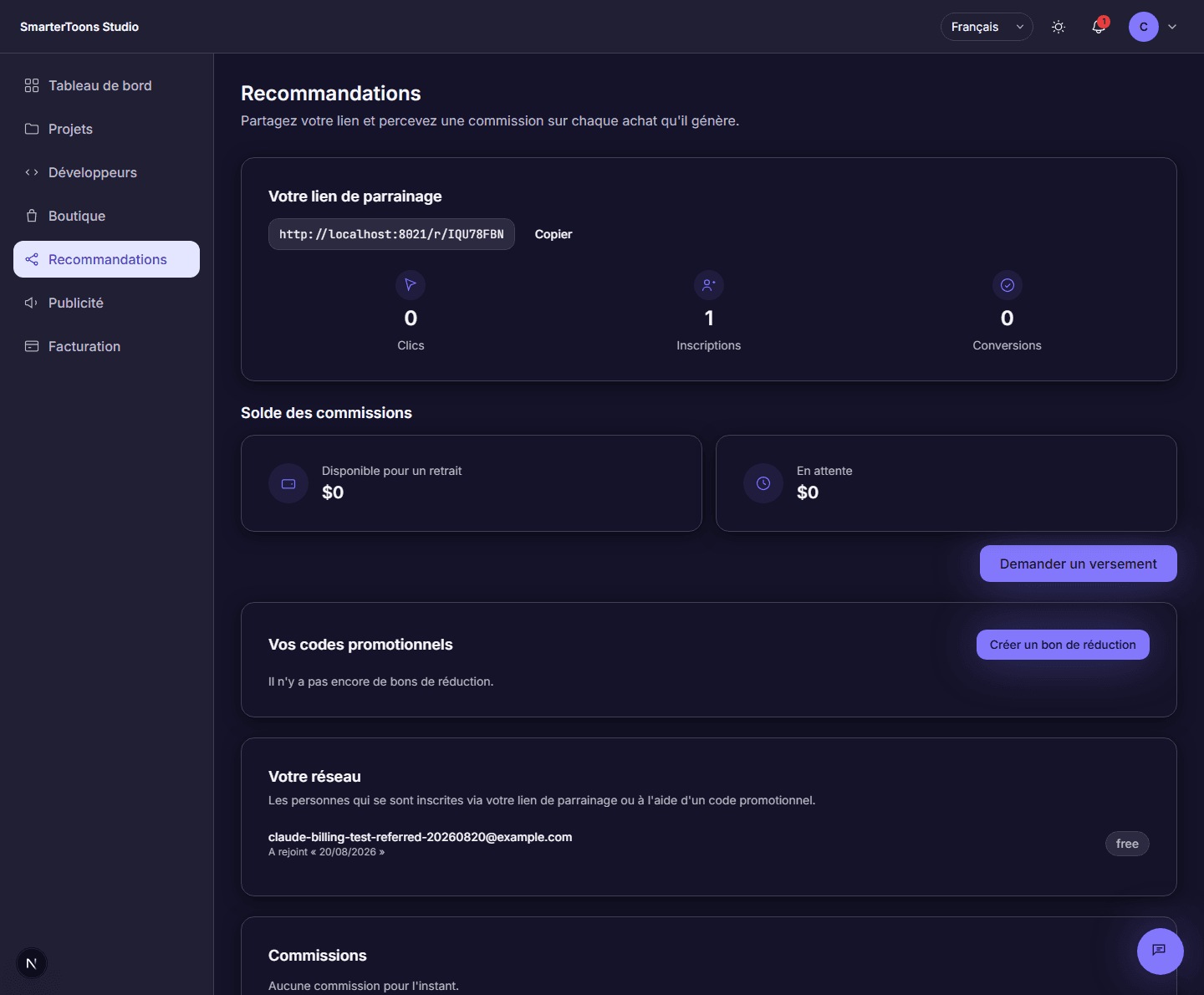 The referrals page showing a personal referral link, a coupon code, a commission balance, and the Your network list of referred signups.