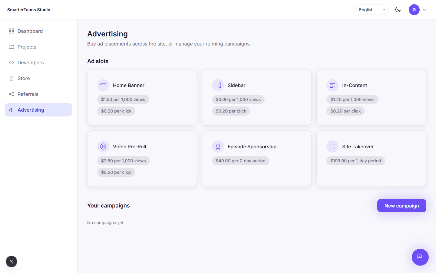 The advertising page showing available ad slots and their pricing.
