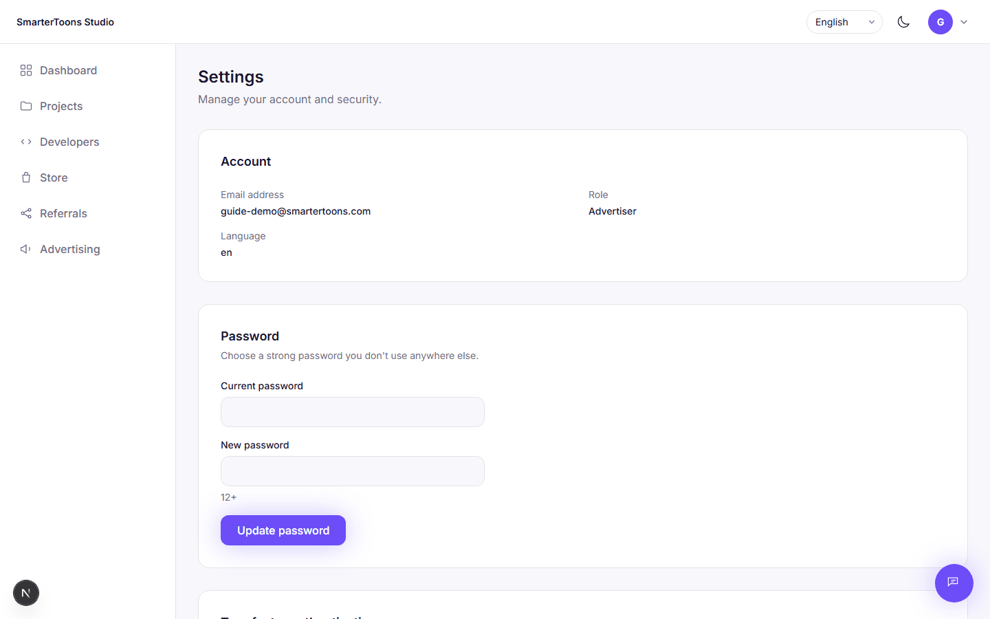 The account settings page showing password and two-factor authentication sections.