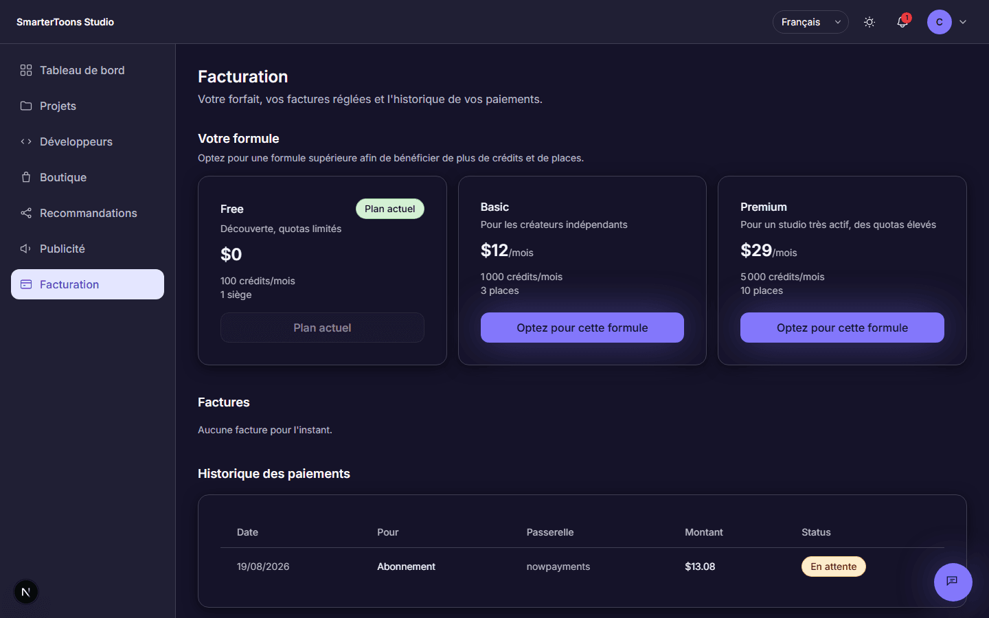 The Billing page showing the Free, Basic, and Premium plan cards, with Free marked as the current plan.
